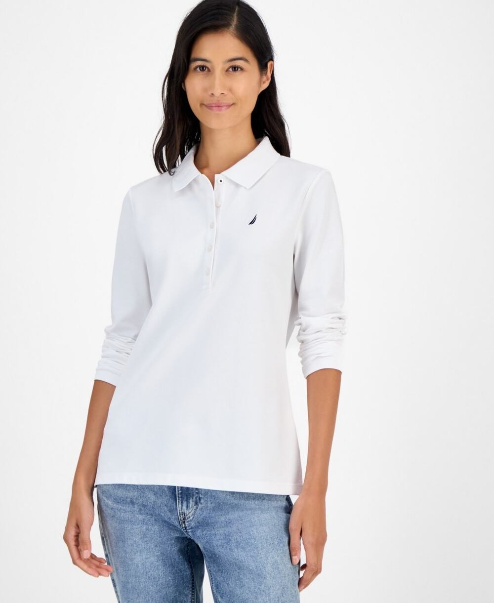 Nautica Women's Long Sleeve Polo Shirt White Size M 3745